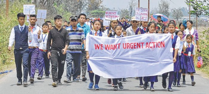  School students protest on April 26 2019 against arson at St Joseph's Hr Sec School, Sugnu 