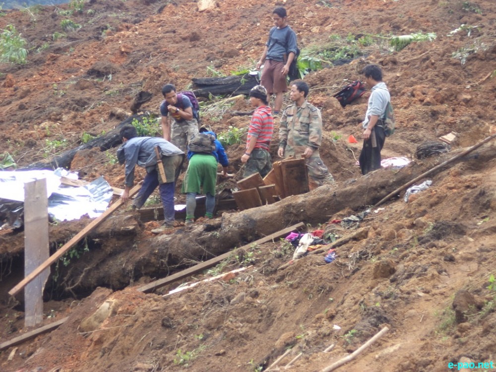 Rescue works at Joumoul village in Chandel district by Assam Rifles which was hit by major landslide on Aug 1