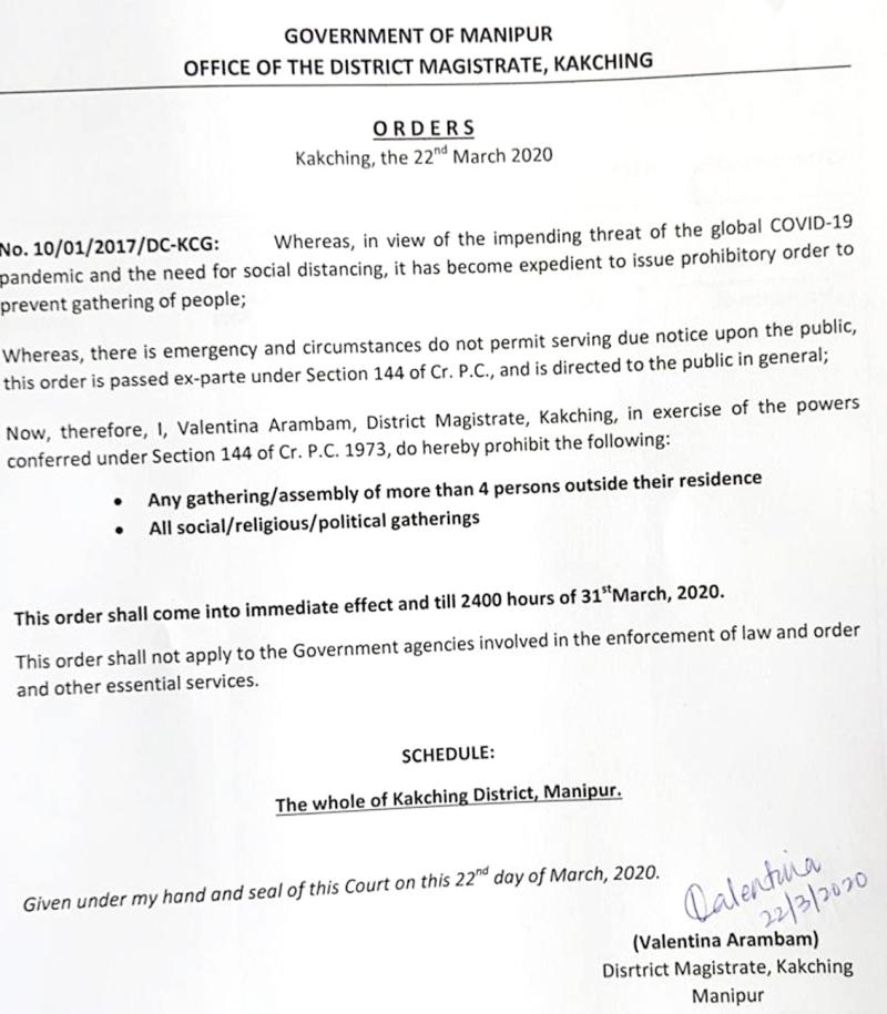 COVID-19 ::  Orders/Directives from Govt of Manipur - Prevention against Corona Virus :: March 22 2020