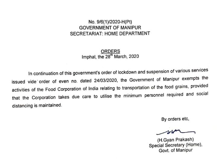 COVID-19 ::  Orders/Directives from Govt of Manipur - Prevention against Corona Virus :: 28th March 2020