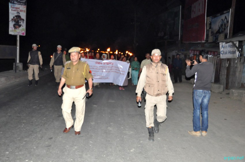 Meira Paibi rally against illegal drugs at Tiddim Road, Imphal on the night of March 1 2013