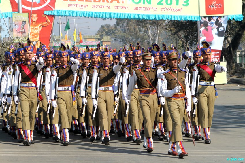 A police contingent marching at 64th Republic Day celebration at Imphal, Manipur on 26 January 2013 