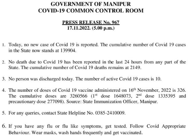   COVID-19: Status Update : 17 November 2022 