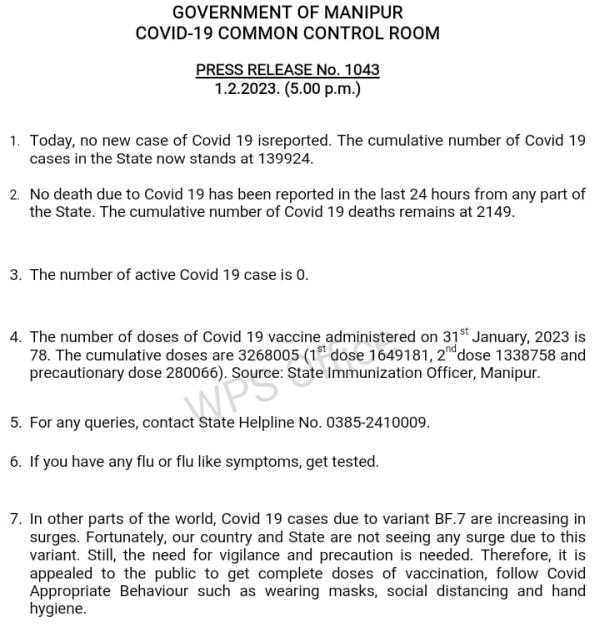   COVID-19: Status Update : 01 February 2023 