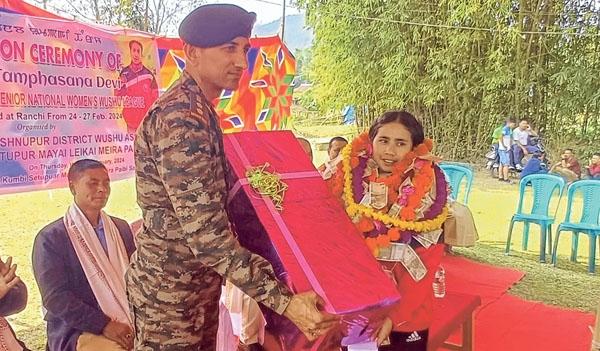  Indian Army fetes Khelo India National Wushu Women's League medallist B Tamphasana on March 01 2024 