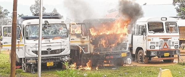 Truck loaded with construction materials set afire